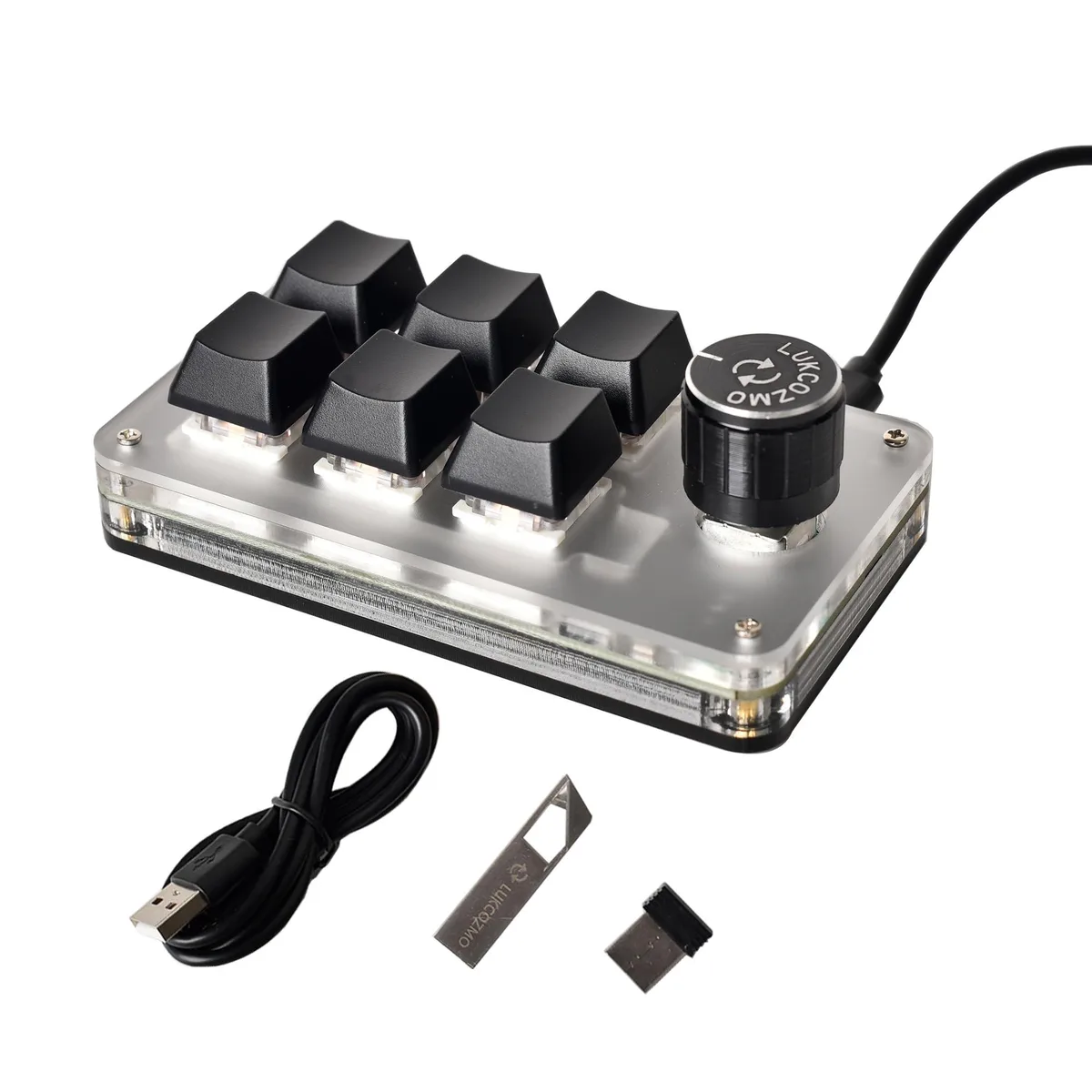 Compact black six-key macro pad with rotary knob and RGB lighting