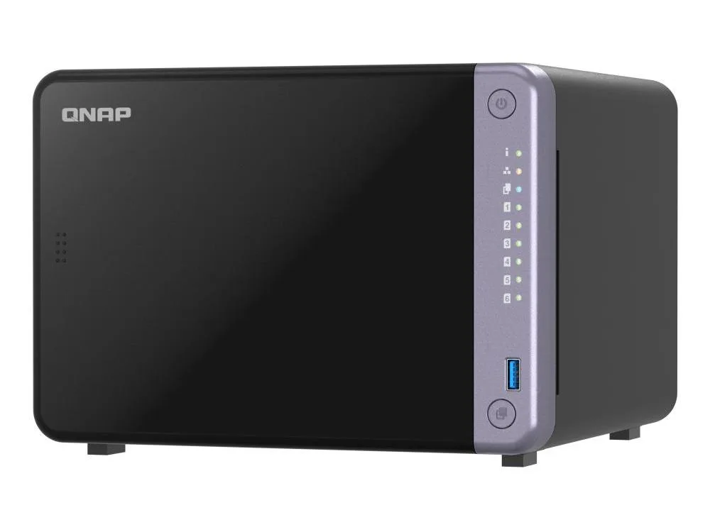 Rectangular silver desktop NAS enclosure with six front drive bays