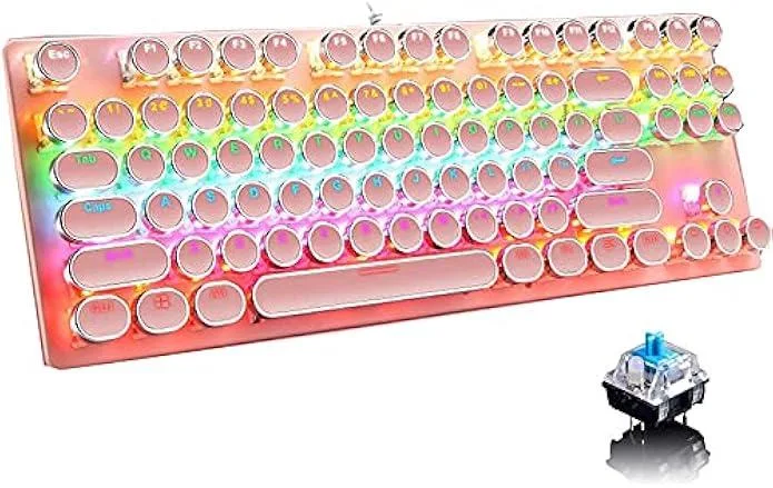 Pink 87-key mechanical keyboard with blue switches and rainbow backlighting