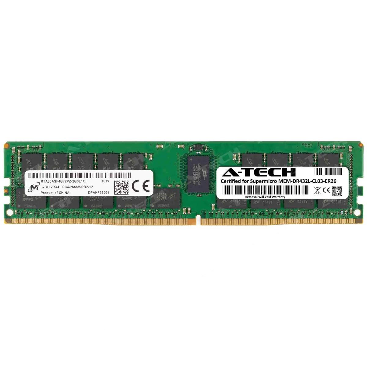 Green 288-pin DDR4 RDIMM module with black chips and gold contacts