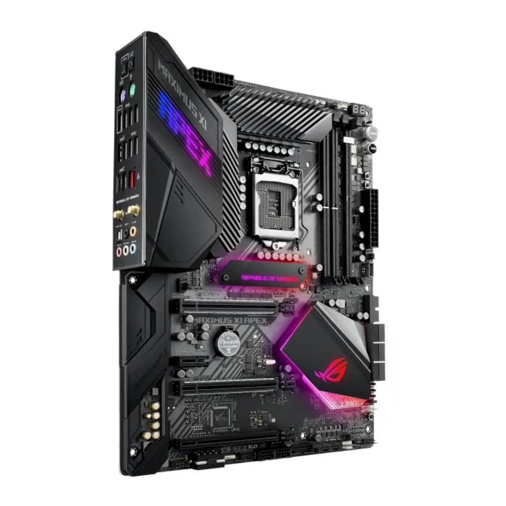 Black ATX motherboard with silver heatsinks and exposed circuitry