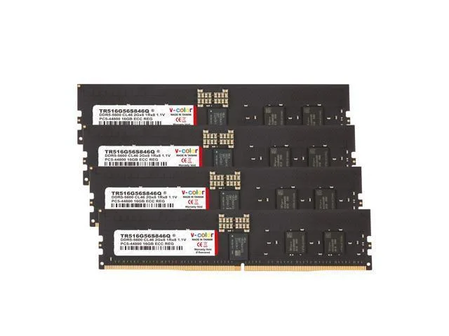 Four green DDR5 registered DIMMs with black chips no heat spreaders