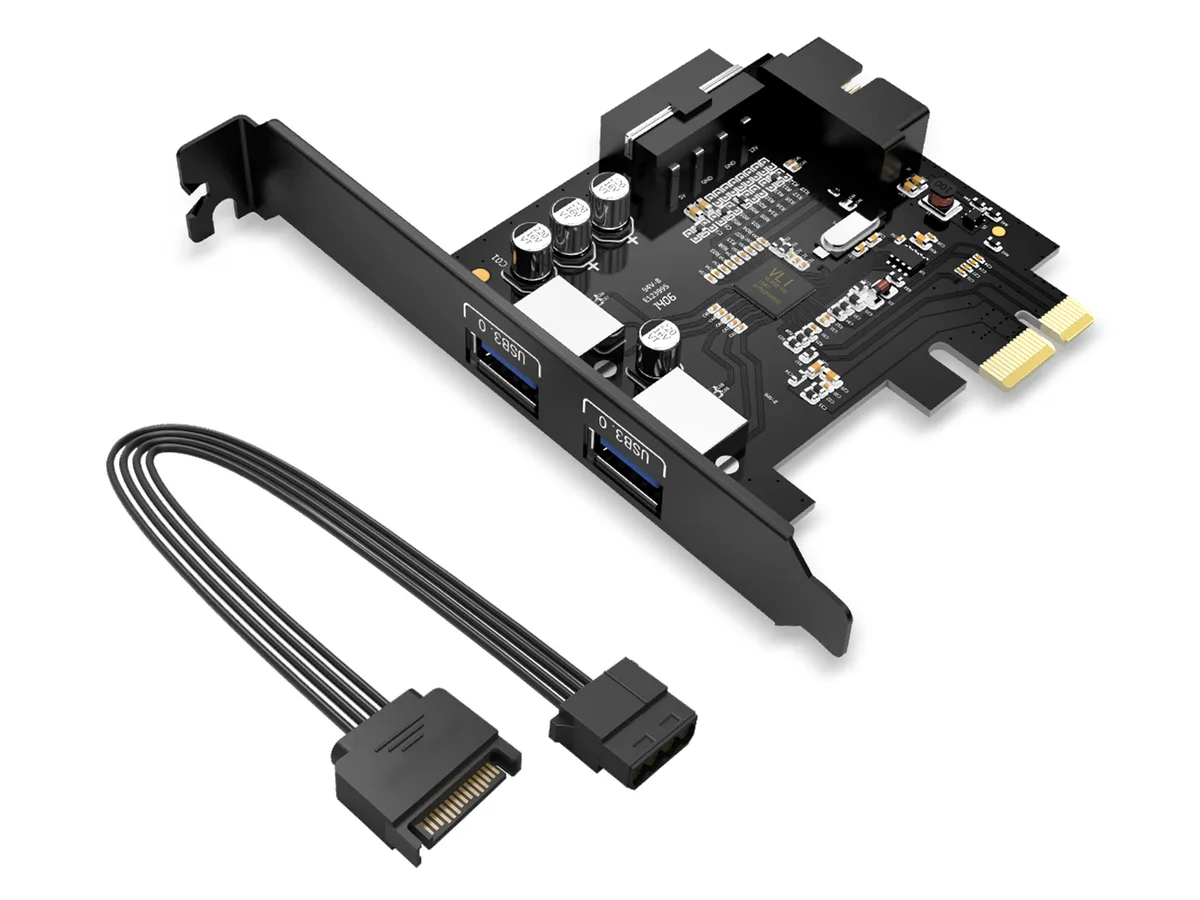 Black PCIe card with two rear USB 3.0 ports and one internal 20-pin connector, low-profile bracket included