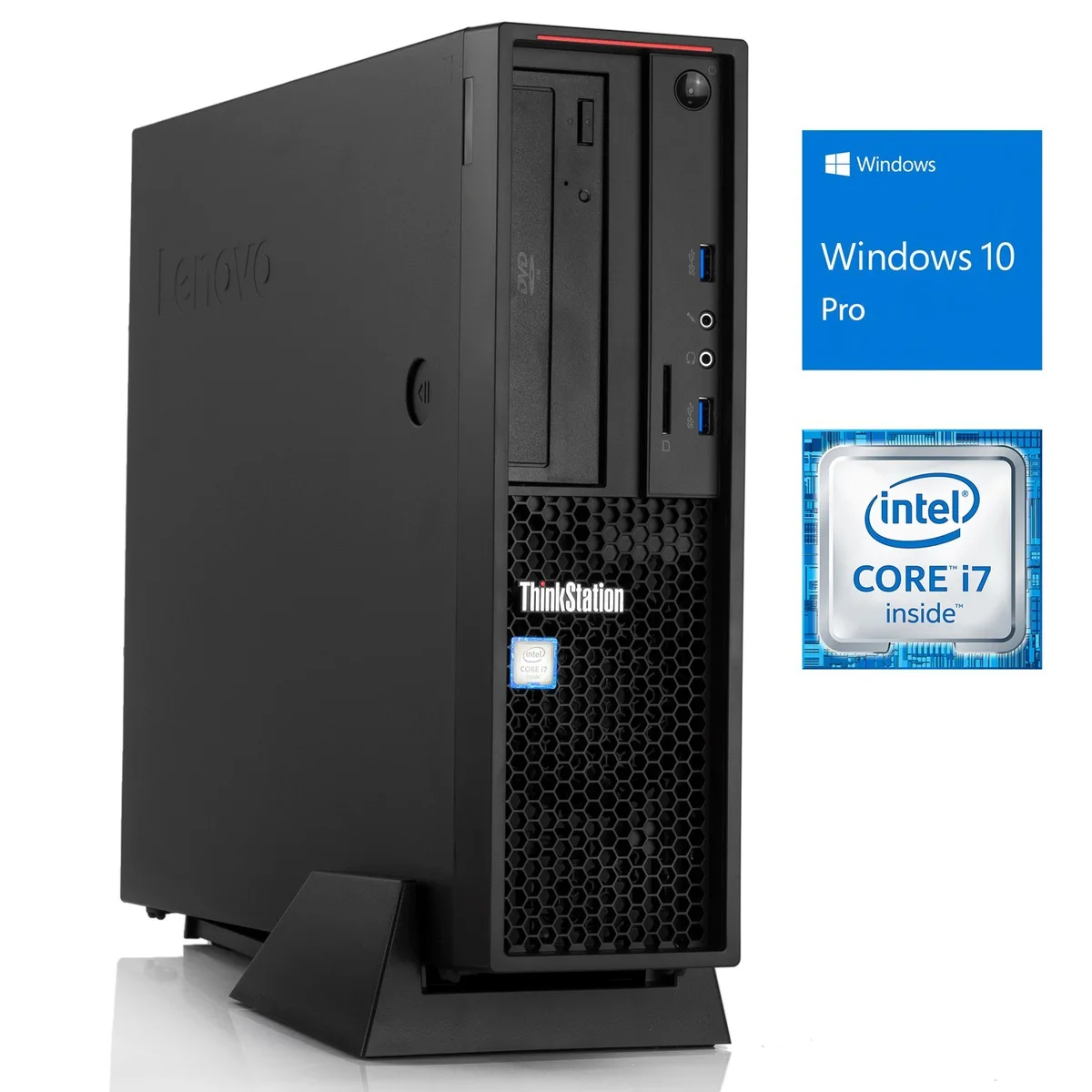 Compact black desktop tower with DVD drive and front ports