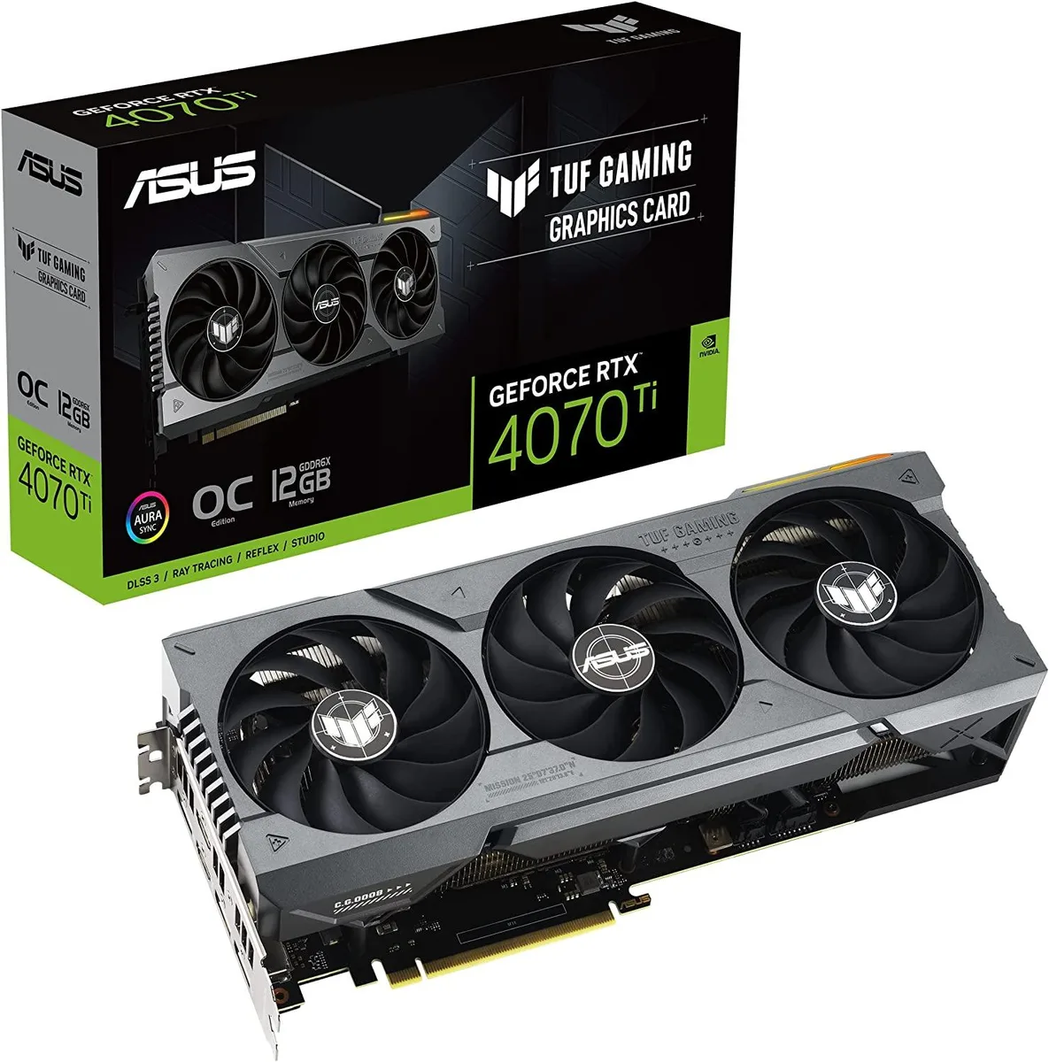 ASUS TUF Gaming RTX 4070 Ti graphics card with triple axial fans and metal exoskeleton