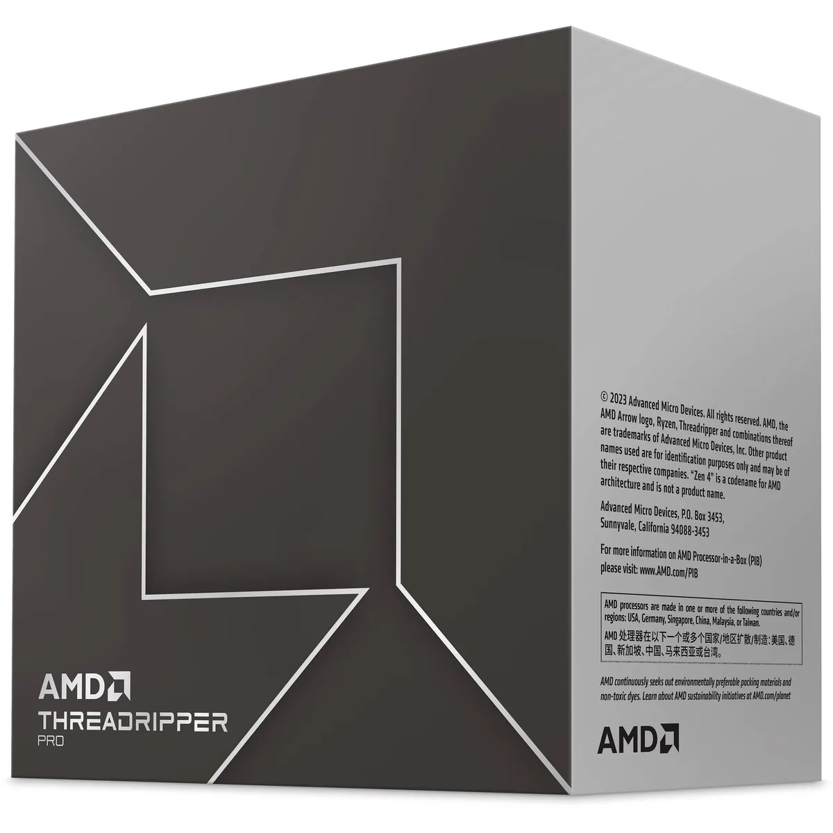 Square silver processor with gold contacts and green substrate, AMD Ryzen Threadripper PRO 7965WX branding