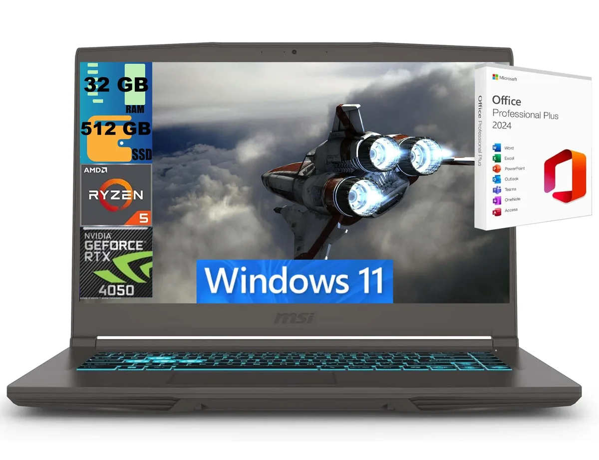 Black 15.6 inch gaming laptop, thin profile, matte finish