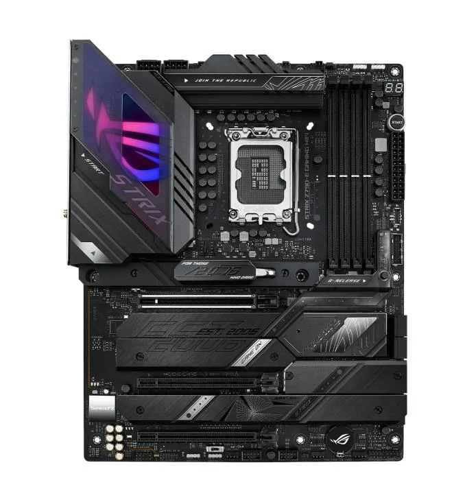 ATX motherboard with black heatsinks and silver I/O shield