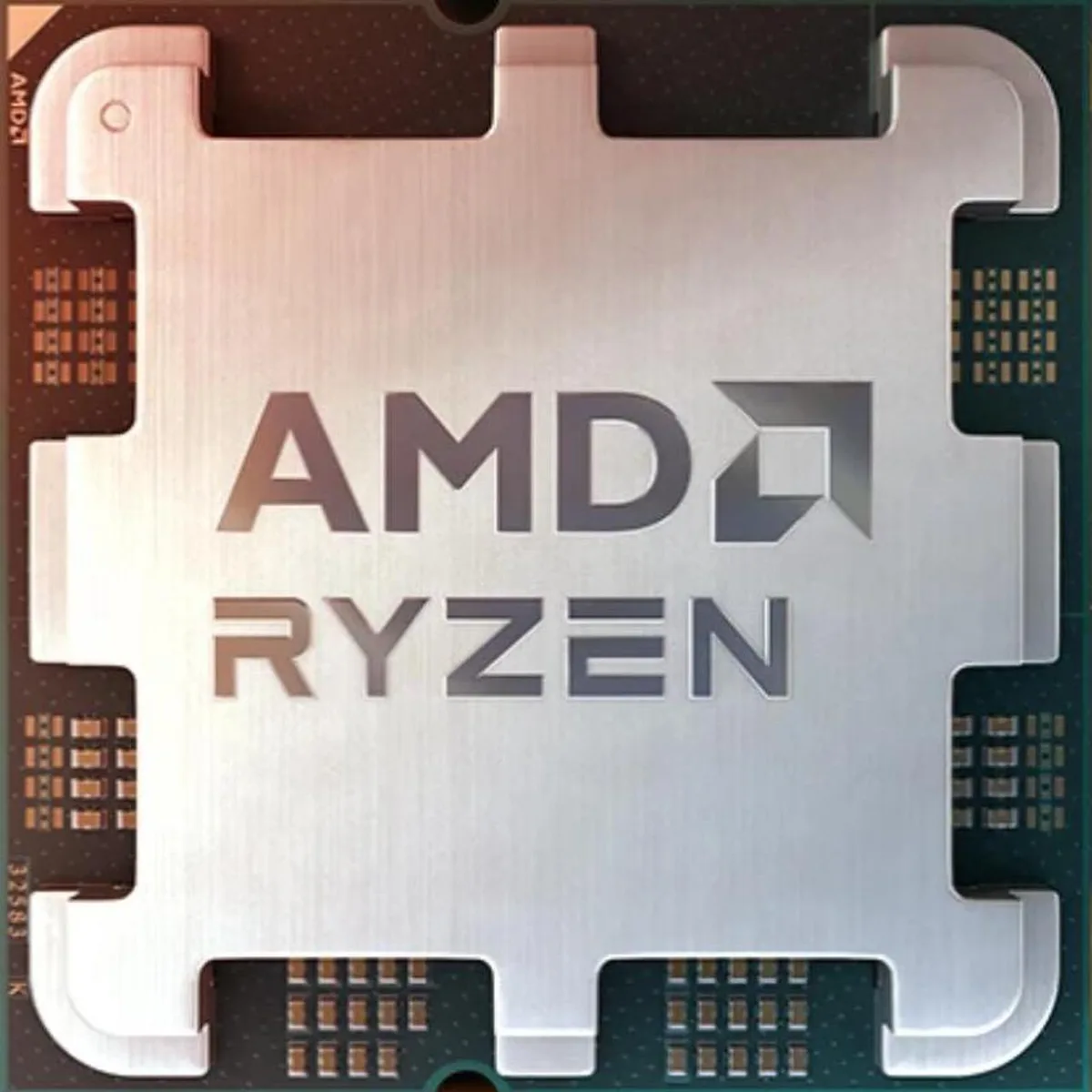 Square green circuit board with gold contacts and silver metal heatspreader engraved with Ryzen 7 8700F