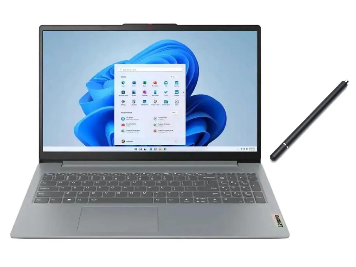Grey Lenovo IdeaPad Slim 15.6 inch touchscreen laptop with stylus pen