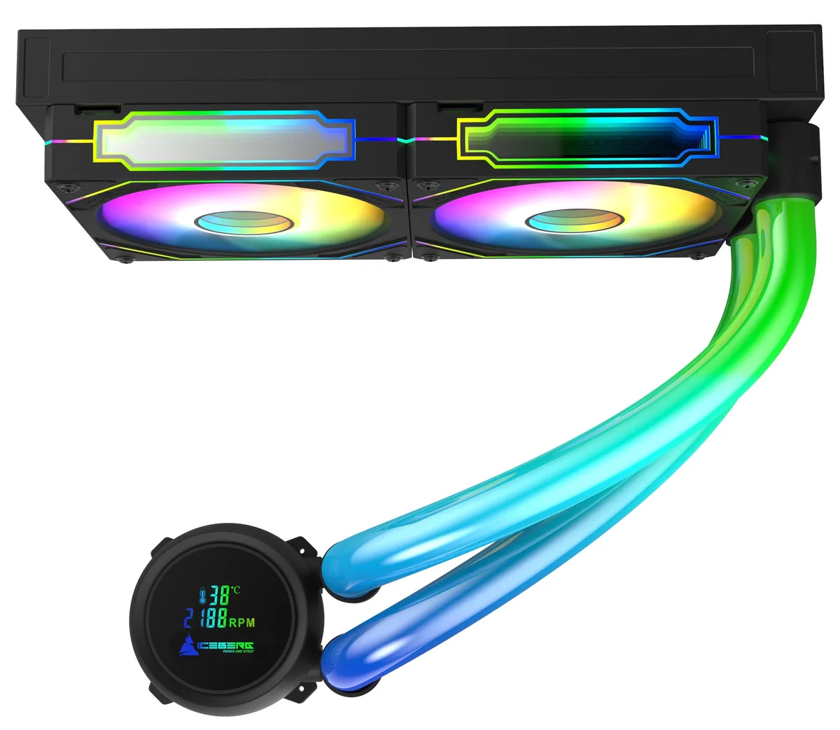 Black 240 mm radiator with two 120 mm aRGB fans and LCD pump block