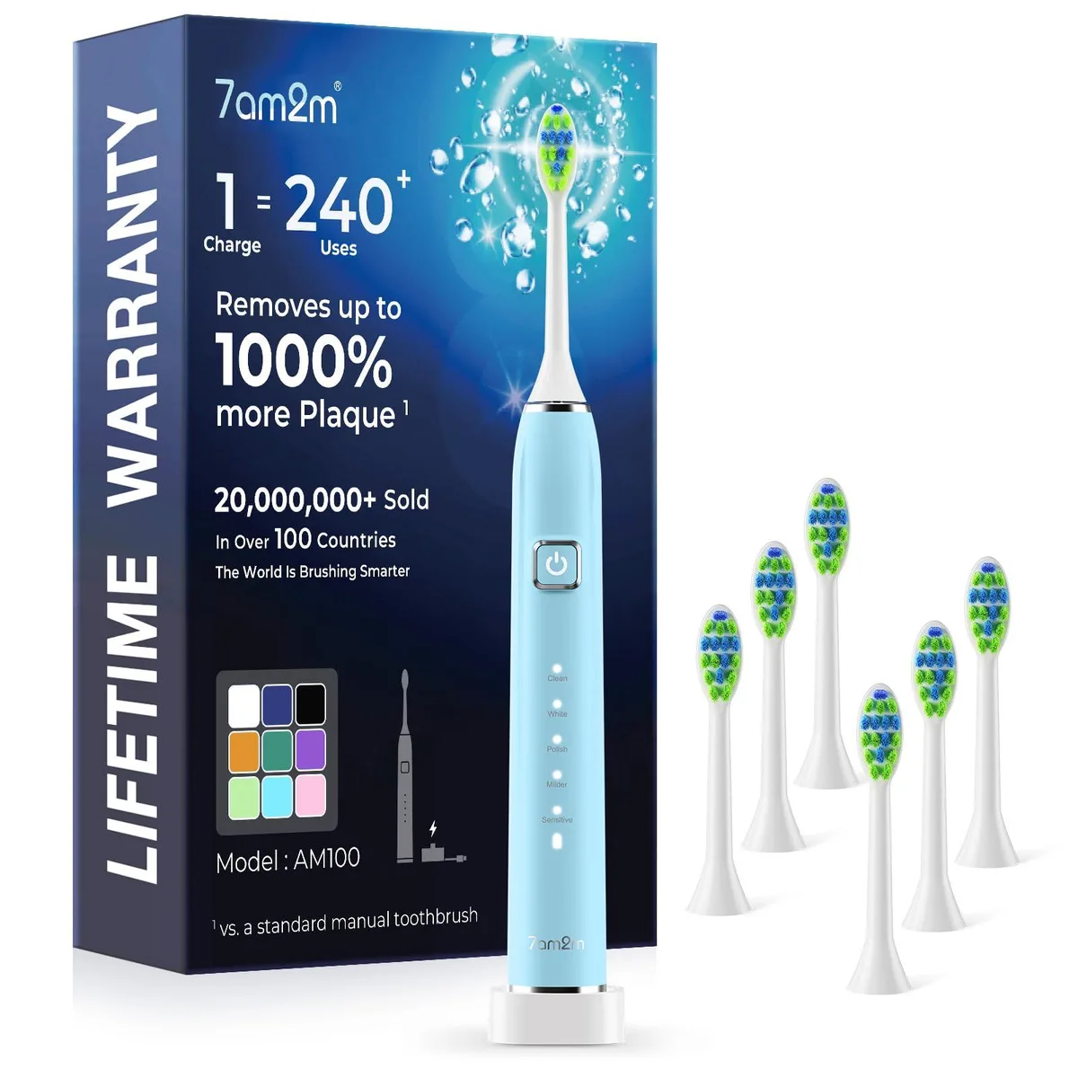 Waterpik Sonic Electric Toothbrush 7AM2M White 6 Heads 5 Modes 40000VPM — product photo