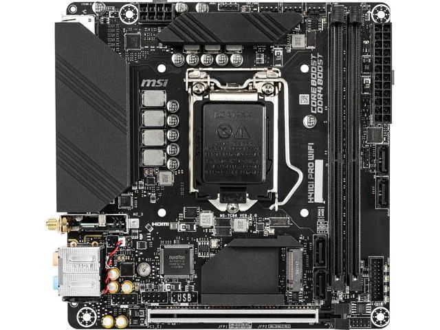Compact green Mini-ITX board with silver I/O shield and black slots