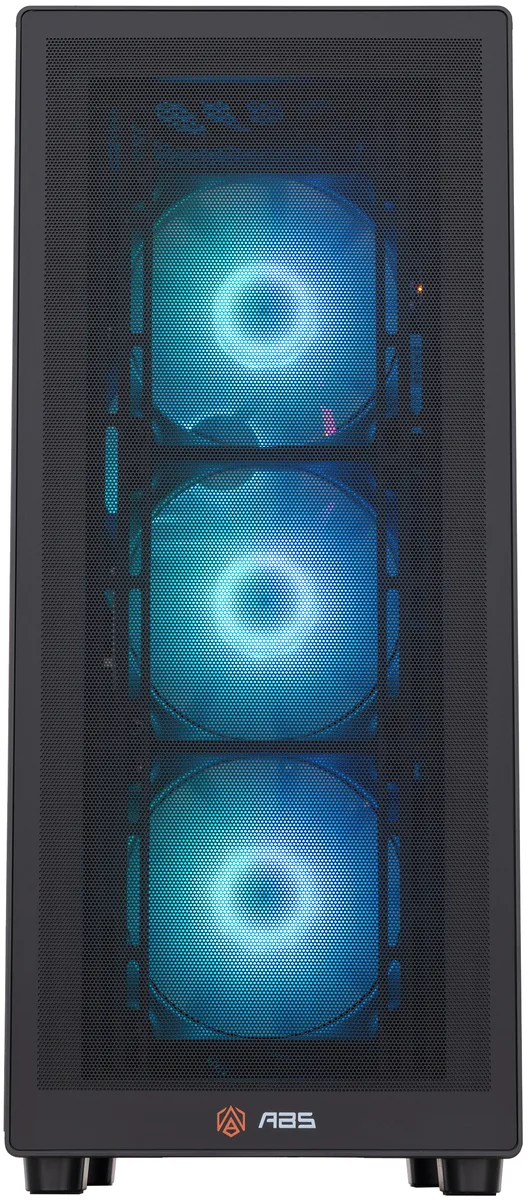 Black mid-tower gaming desktop with RGB memory and air cooler visible through side panel