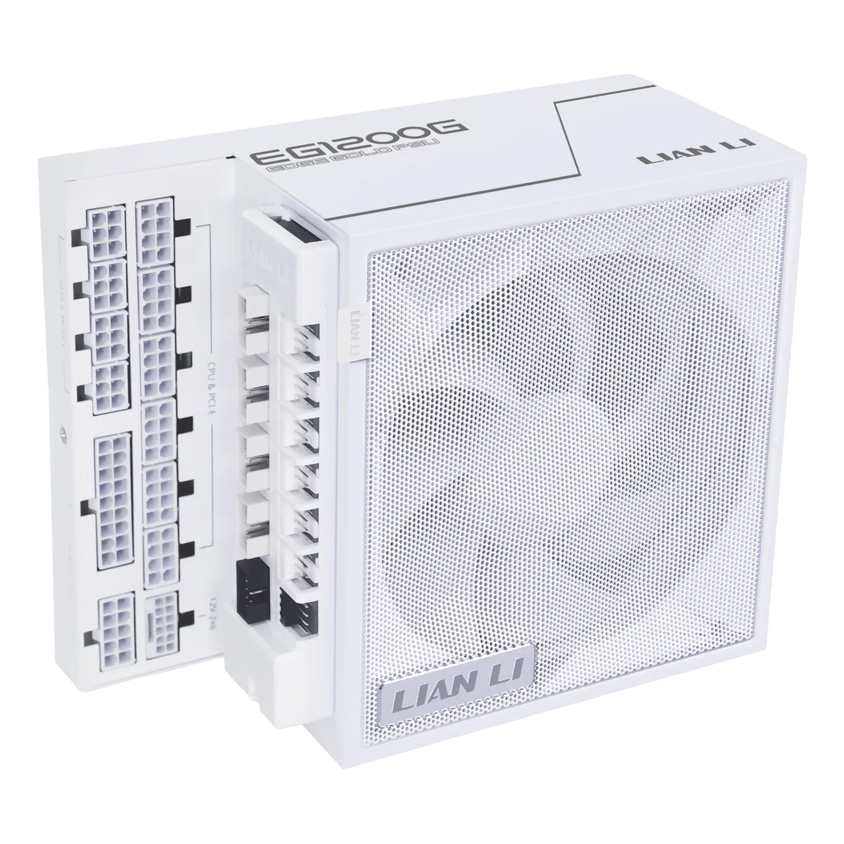 White ATX power supply with L-shaped modular connectors and detachable fan hub module