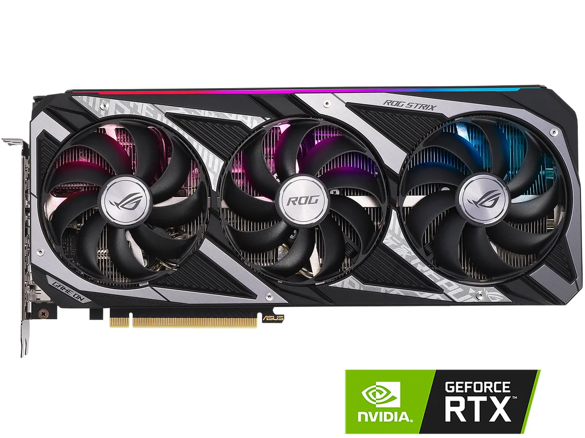 ASUS ROG Strix GeForce RTX 3060 graphics card with triple-fan cooler and metal backplate