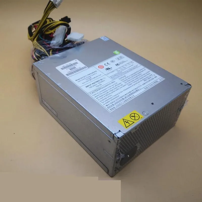 Black rectangular ATX power supply unit with cooling fan and cable connectors