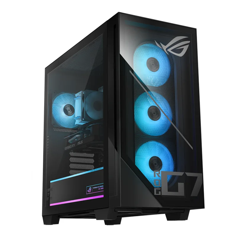 Black tower PC with transparent front and side panels, RGB keyboard and mouse included