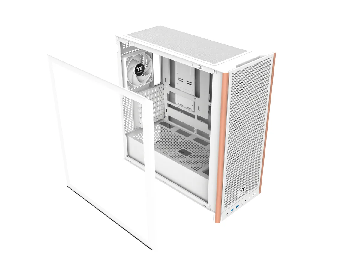 White mid-tower case with wooden front trim and tempered glass side panel
