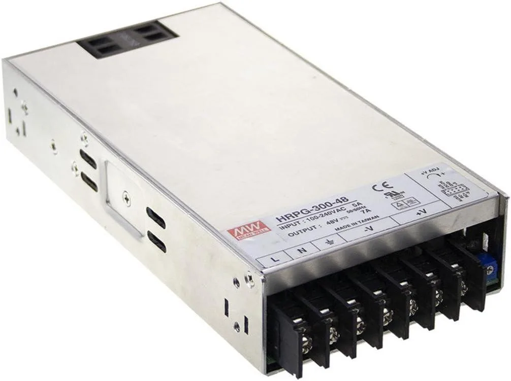 Rectangular metal power supply unit with built-in cooling fan and terminal connectors