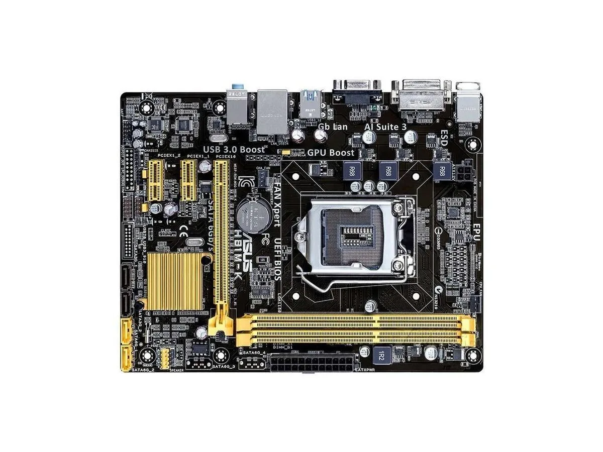 Micro ATX motherboard, dark PCB with silver ports, LGA 1150 socket, DDR3 slots, SATA connectors, back panel included