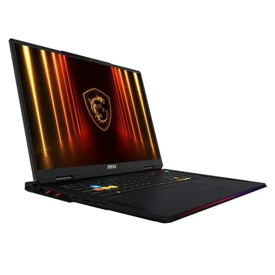 Large silver gaming laptop with 18 inch display and per key RGB keyboard