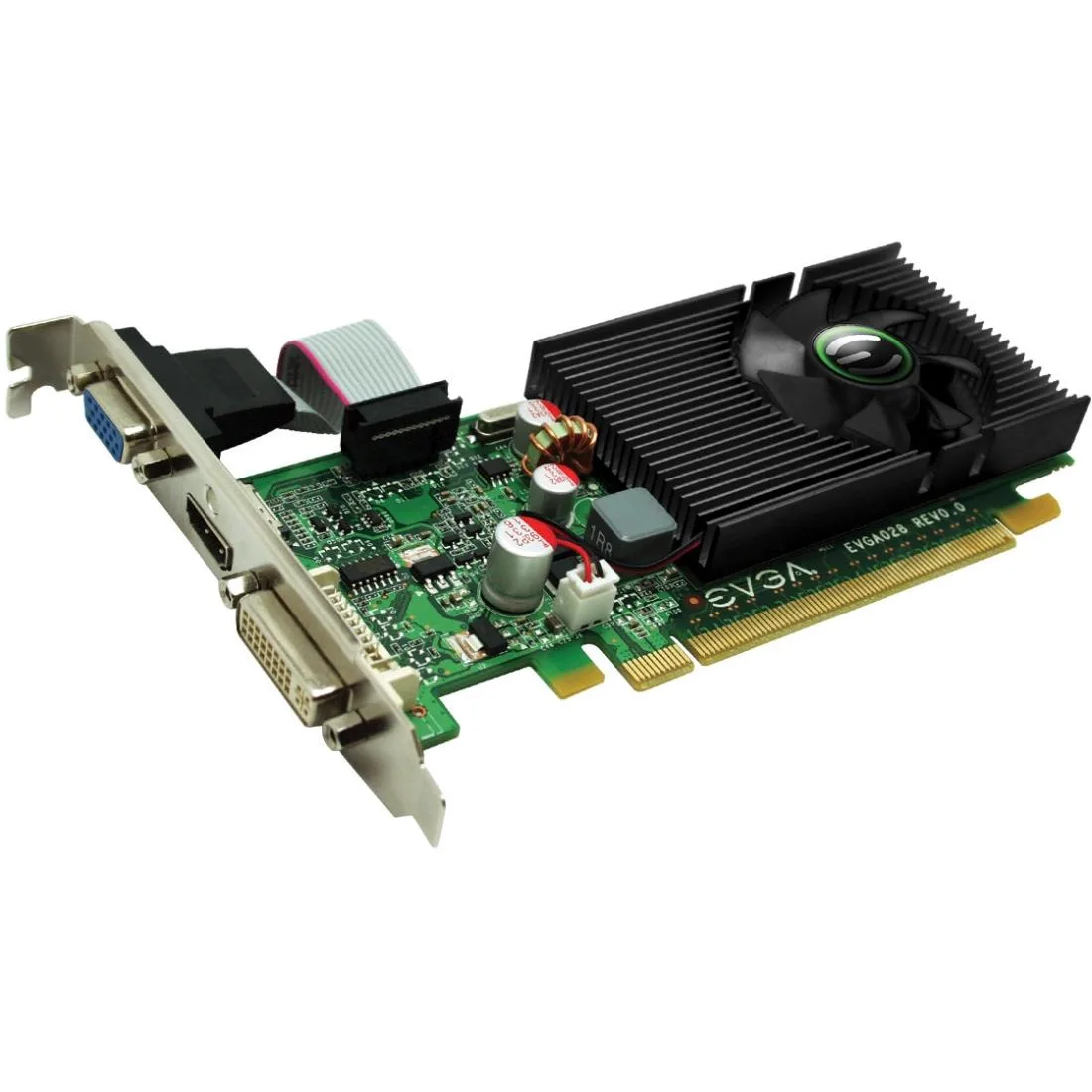 EVGA GeForce 210 low-profile graphics card with small fan cooler and HDMI DVI VGA ports