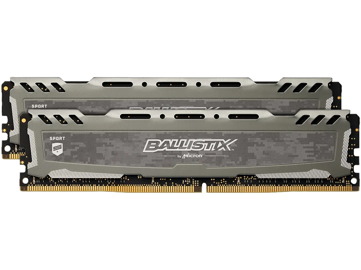 Two gray DDR4 DIMMs with digital camo heat spreaders