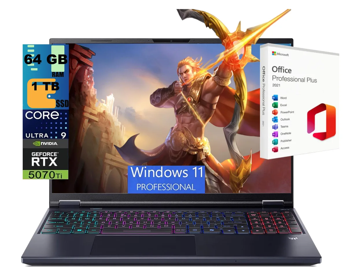Black 16-inch gaming laptop, matte finish, RGB keyboard visible