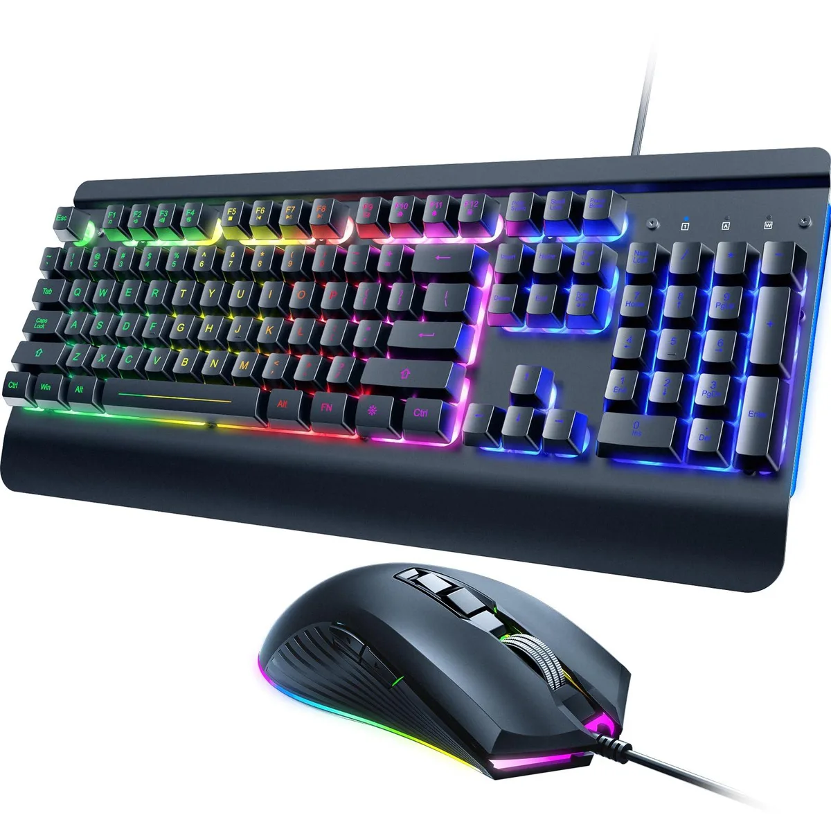 Black metal-panel keyboard with rainbow backlight and matching wired gaming mouse, wrist rest included