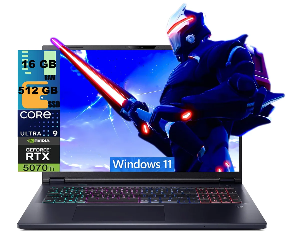 Black 18 inch gaming laptop, angular chassis, matte finish, RGB keyboard glow
