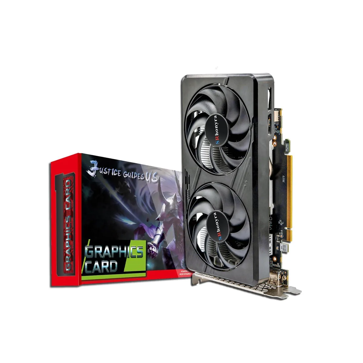 Black dual-slot graphics card with two fans and a silver backplate, showing DisplayPort, HDMI and DVI outputs