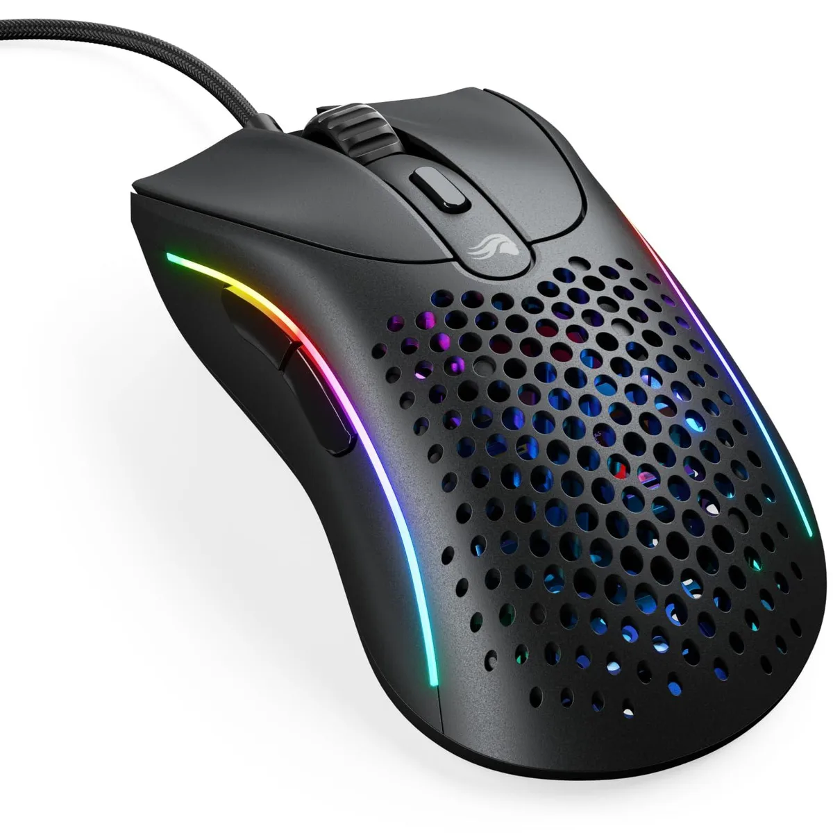 Matte black ergonomic gaming mouse with honeycomb shell and RGB lighting