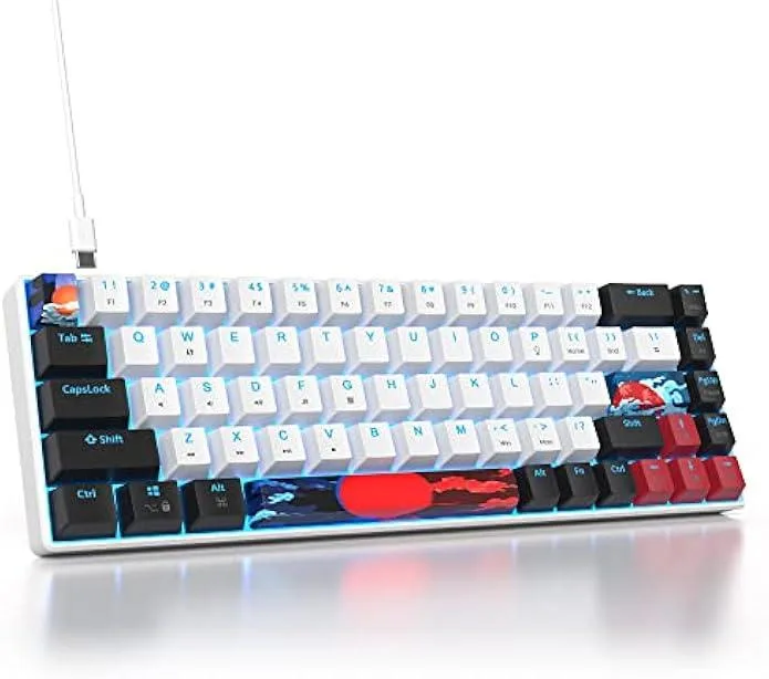 Compact 68-key mechanical keyboard in black and white with red switches and LED backlighting