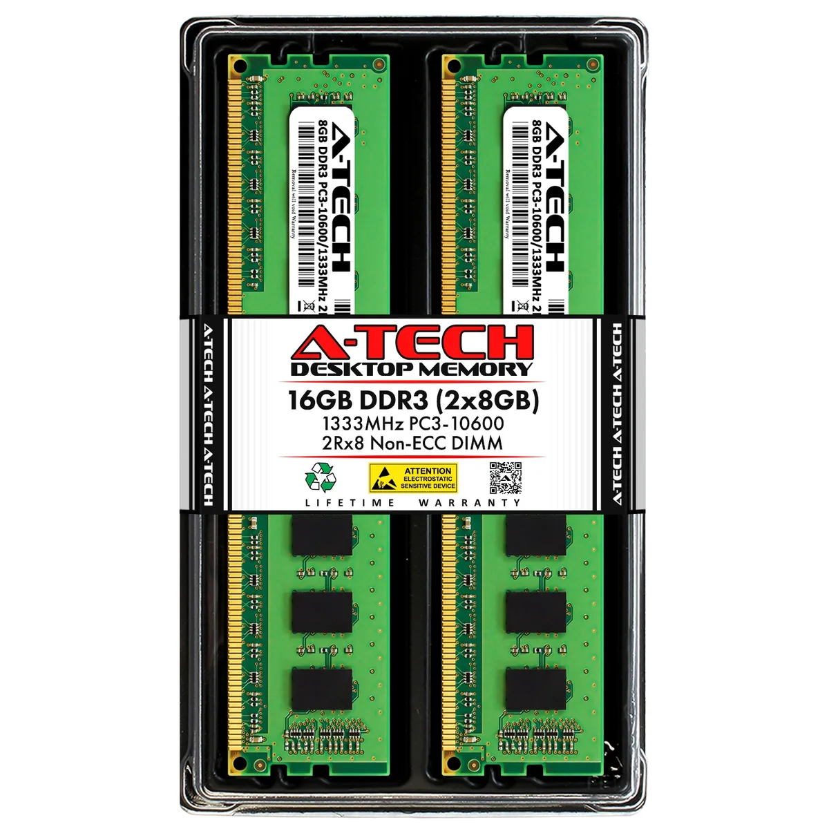 Two green DDR3 DIMMs with black chips, 240-pin