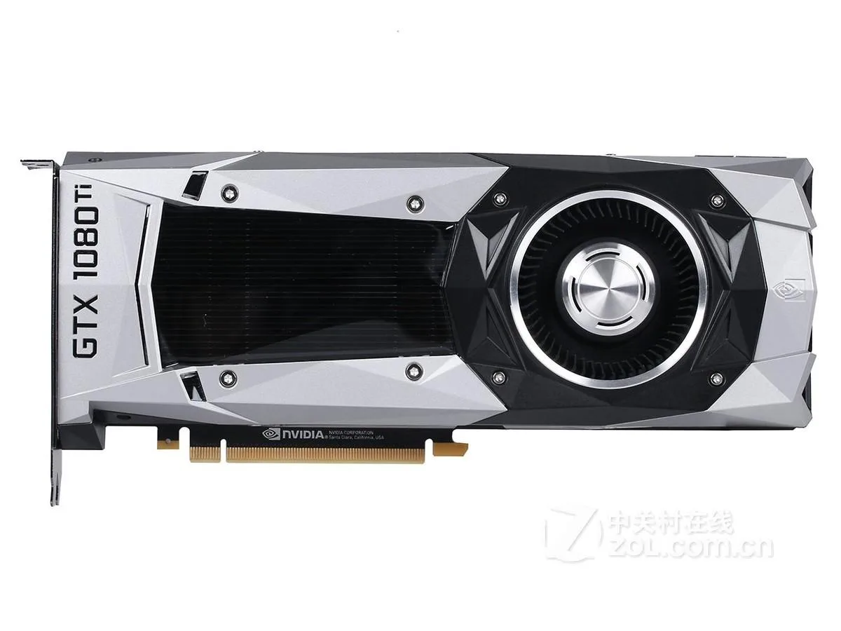 Silver dual-slot graphics card with angular shroud, radial fan, and exposed vapor-chamber heatsink fins