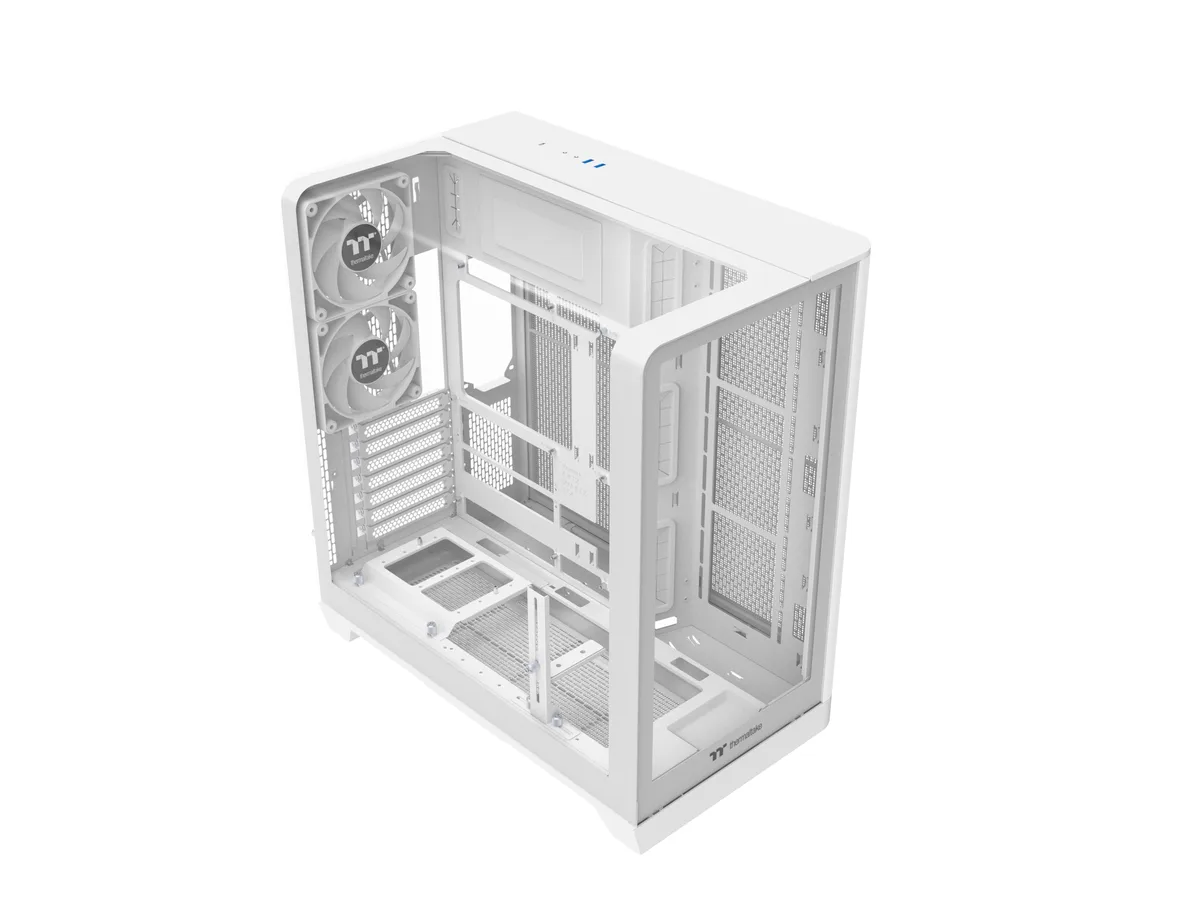 White mid-tower case with curved tempered glass front and side panels, two rear fans visible