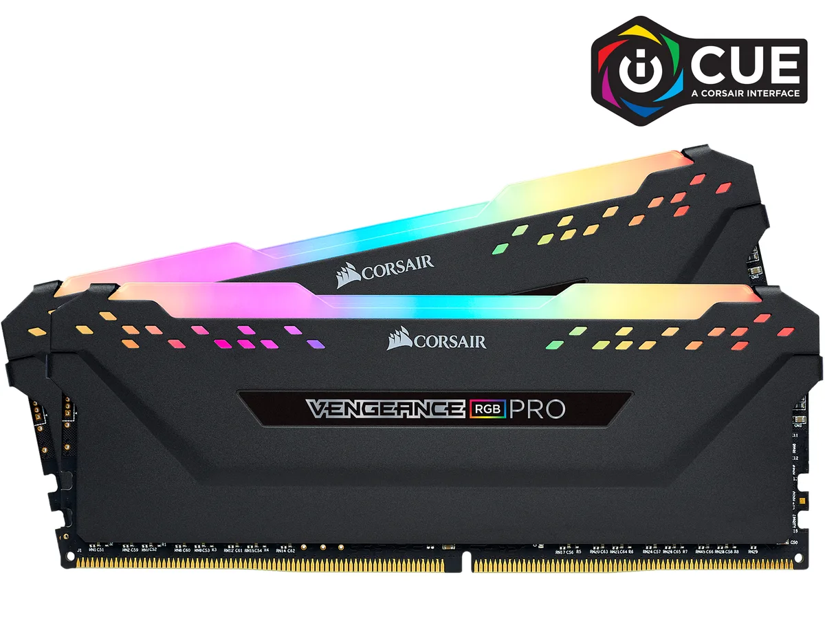 Two black anodised aluminium DDR4 modules with ten RGB LEDs each