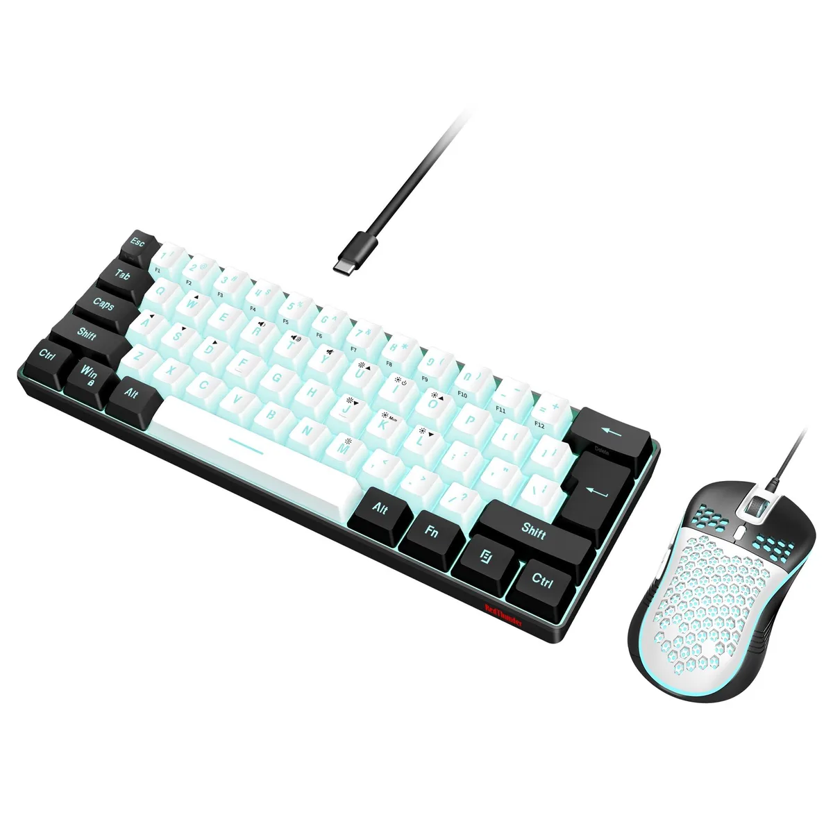 White-black 61-key compact keyboard with honeycomb mouse, USB wired, RGB backlit