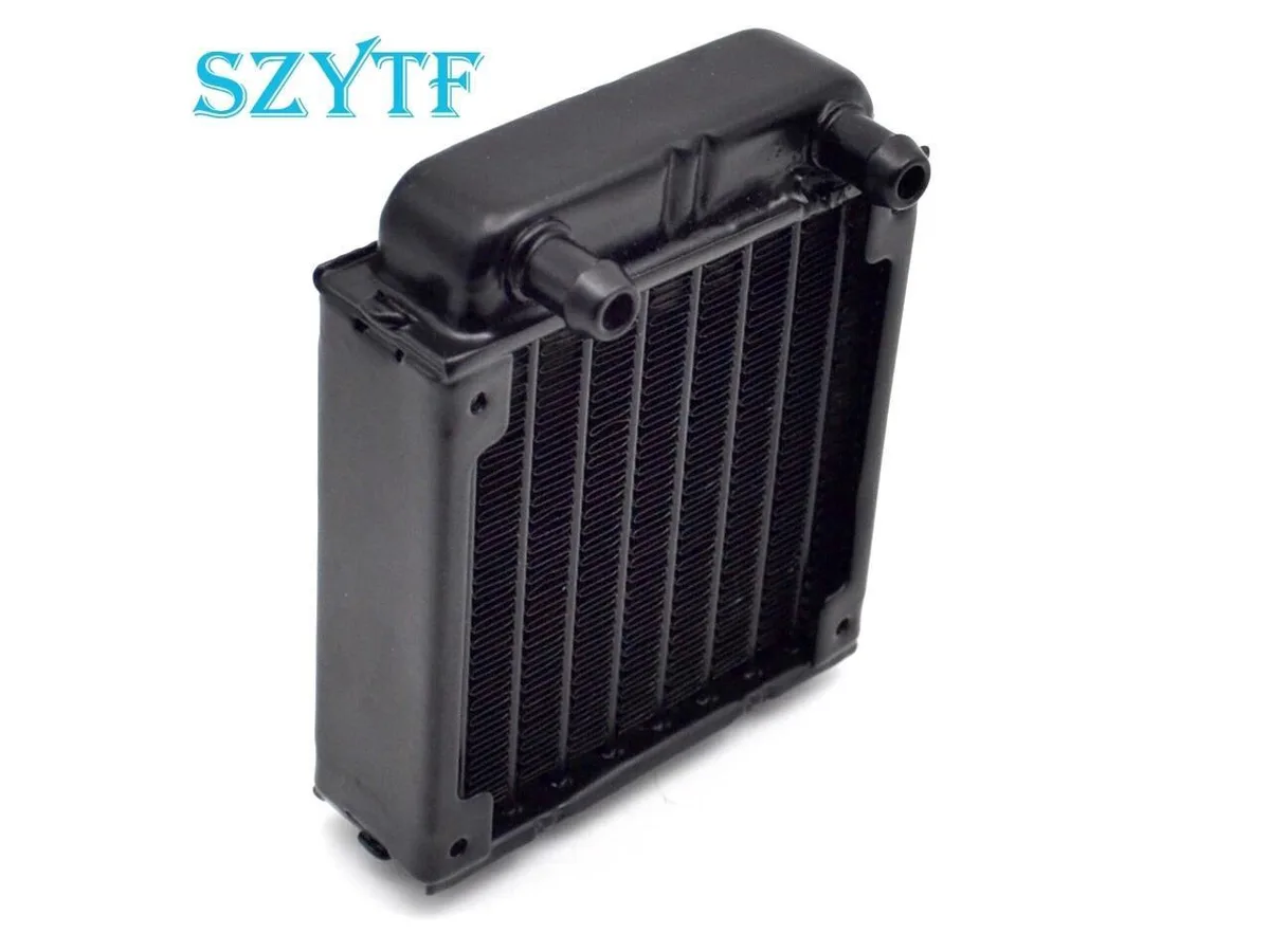 Small aluminum radiator with 80mm square profile and silver fins