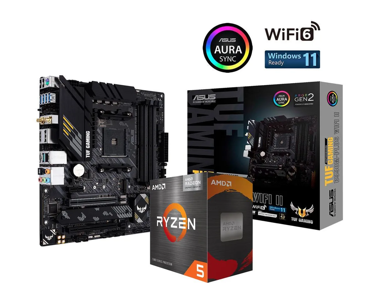 ASUS TUF B550M-PLUS WIFI II micro ATX board dark grey with Ryzen 5 5600G CPU in box
