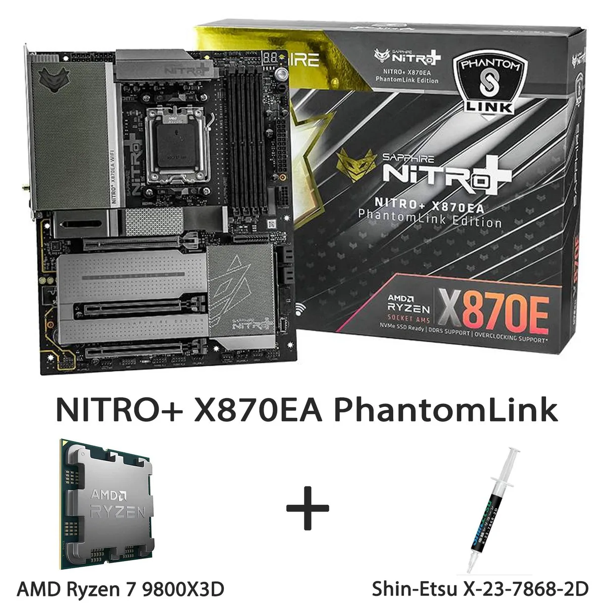 Sapphire Tech Sapphire Tech NITRO+ X870EA PhantomLink AM5 ATX AMD motherboard + Ryzen 7 9800X3D CPU — product photo