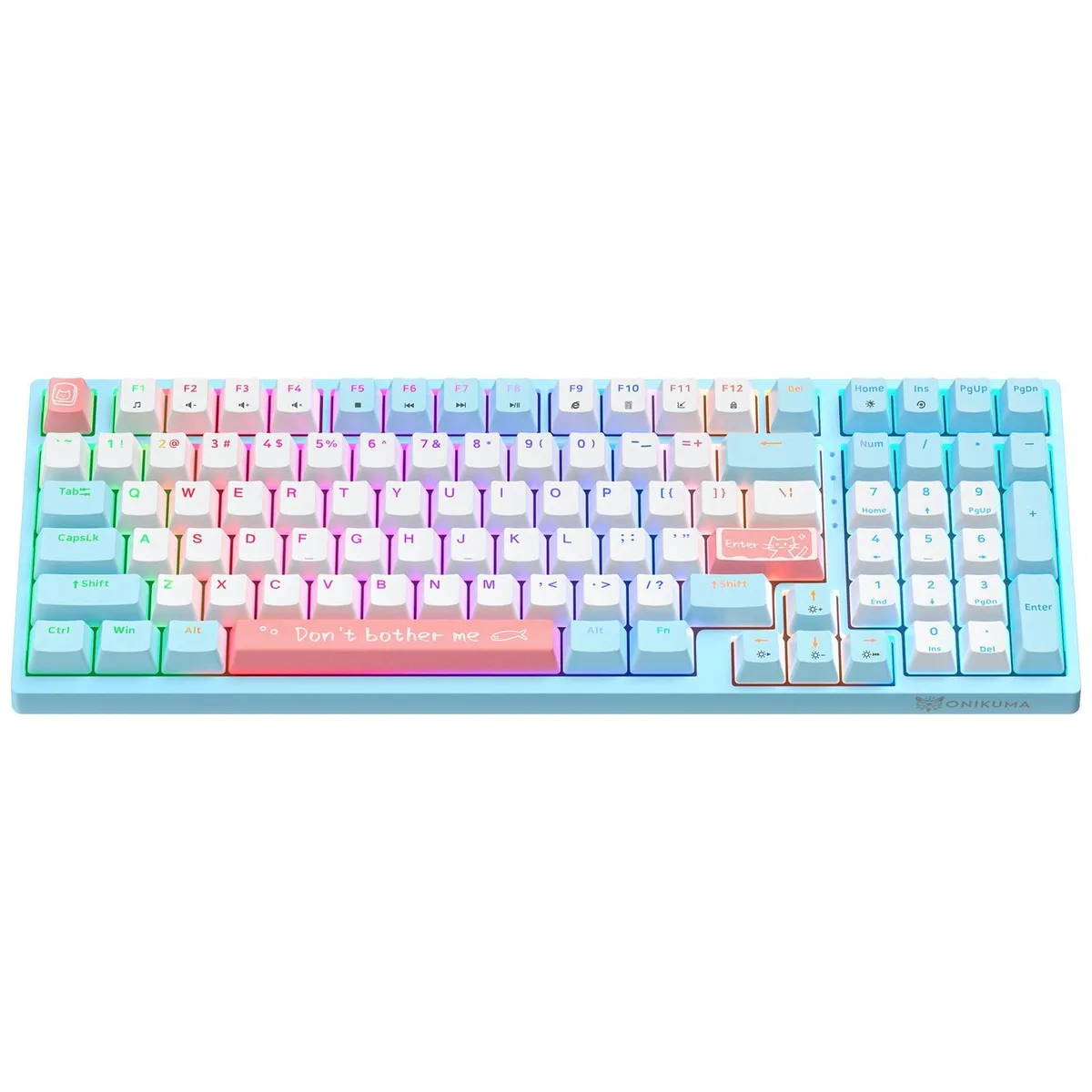 Blue 98-key mechanical keyboard with RGB backlighting, compact layout, and coiled USB-C cable