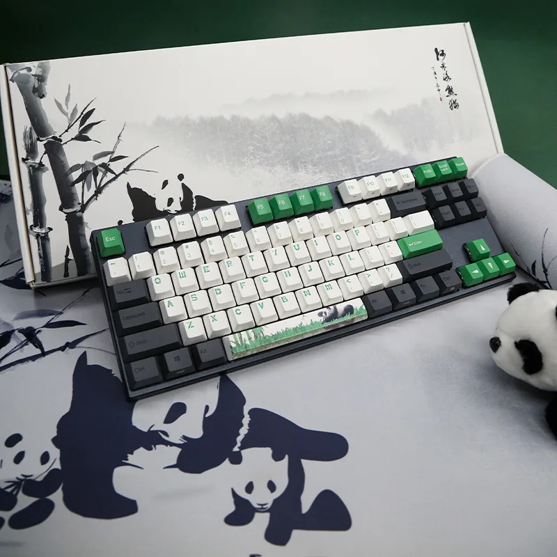 Compact 87-key mechanical keyboard in black and white panda theme with PBT keycaps and detachable USB-C cable