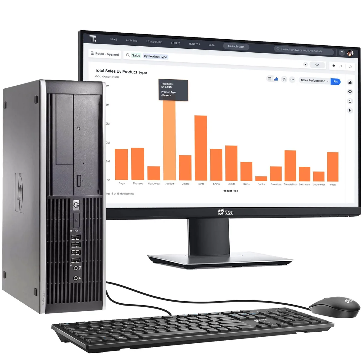 Compact black HP small-form-factor tower with 22-inch monitor, wired keyboard and mouse