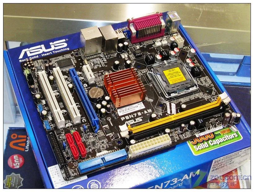 Green micro ATX motherboard with LGA 775 socket and DDR2 slots