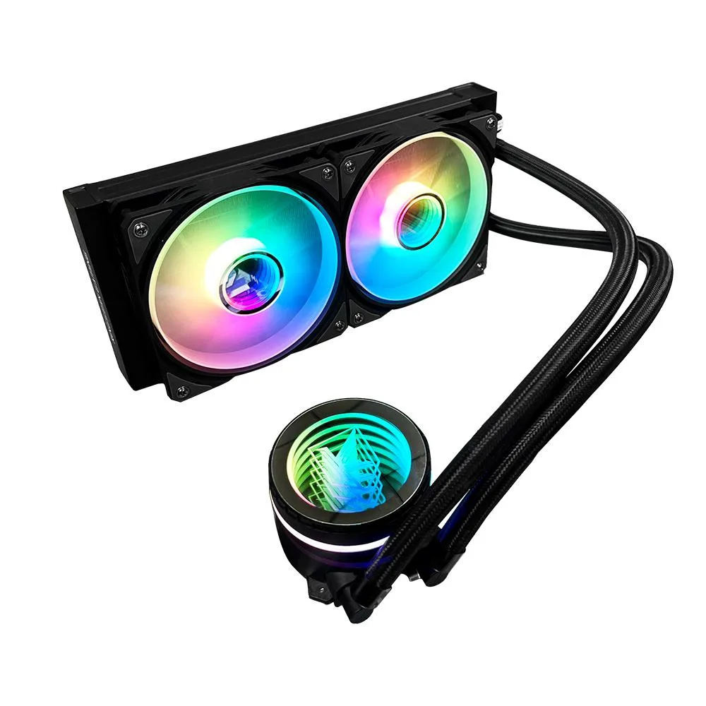 Black 240 mm all-in-one liquid cooler with two 120 mm ARGB fans and sleeved tubing