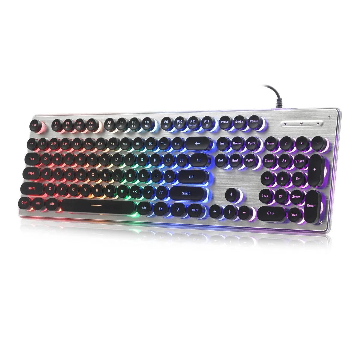 Black and silver typewriter-style keyboard with round metal keycaps and brushed metal panel