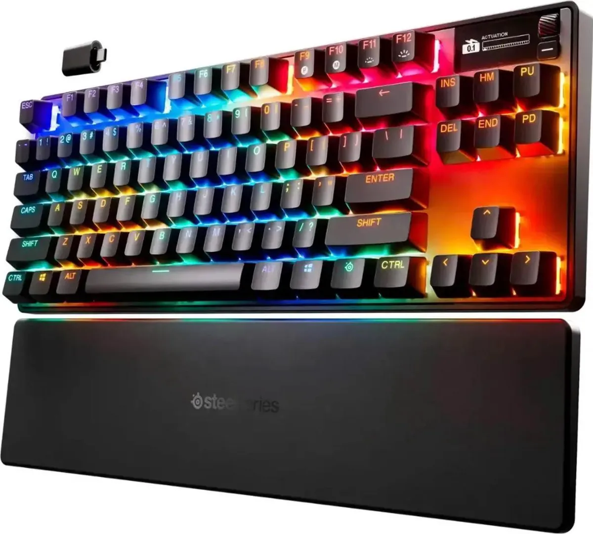 Black tenkeyless wireless keyboard with aluminium frame, OLED display, volume roller and detachable wrist rest