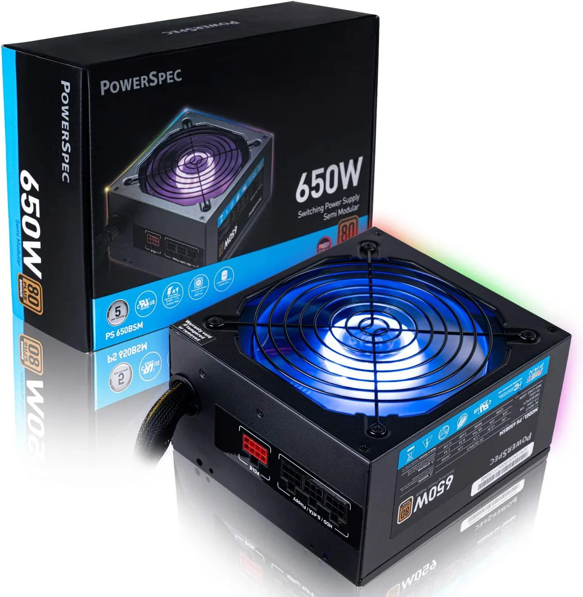 myVolts myVolts PowerSpec 650 Watt 80 Plus Bronze Semi Modular ATX Power Supply with RGB Fan — photo du produit